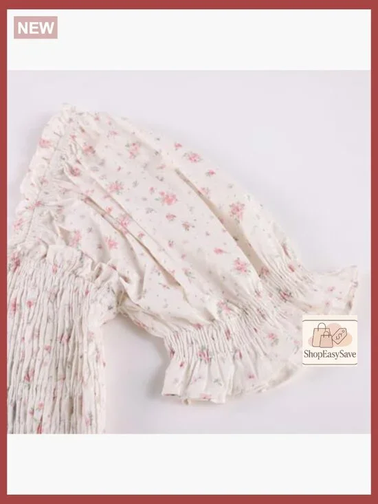 Floral Cotton Dress Cottagecore Square Neck Smocked Bodice Midi Dress - Picture 4 of 7